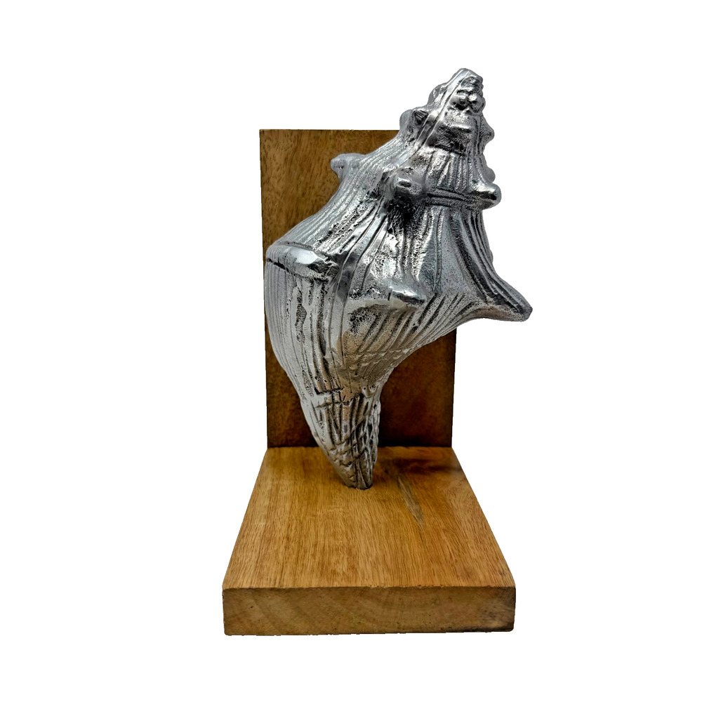 Vintage Cast Metal Shell Bookends Wood Base Made in India Nautical Decor - Picture 2 of 12